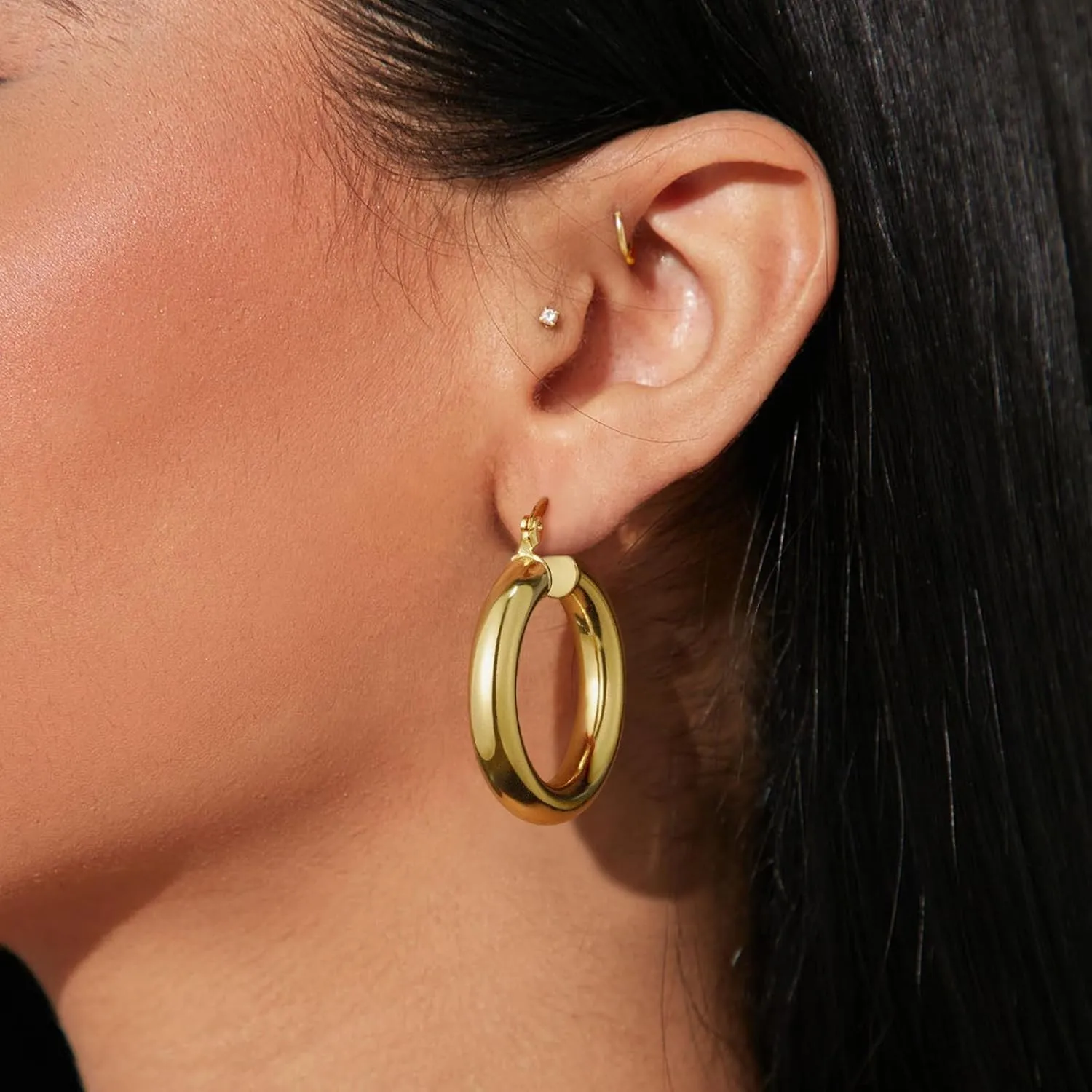 LANG XUAN 18K Gold Plated Hoop Earrings for women Trendy Twisted Huggie Hoops Earrings Lightweight Large Chunky Earrings 925 Sterling Silver Boho Jewelry for Teen Gift