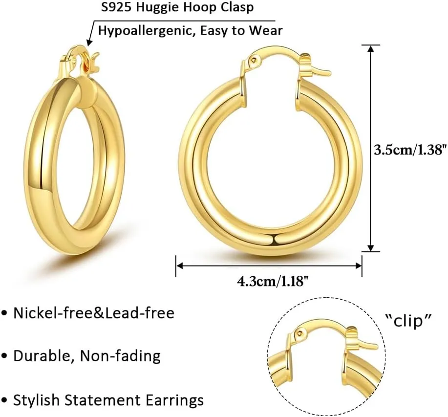 LANG XUAN 18K Gold Plated Hoop Earrings for women Trendy Twisted Huggie Hoops Earrings Lightweight Large Chunky Earrings 925 Sterling Silver Boho Jewelry for Teen Gift