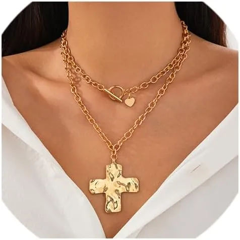 Layered Cross Necklace for Women Gothic Black Beaded Cross Choker Necklaces Chunky Gold Statement Cross Pendant Necklaces Vintage Halloween Jewelry