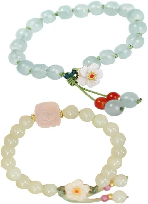 Leadigol 2PCS Jade Bracele, Women's Flower Bead Bracelets, Bead Bracelets, Woven Hand Rope, Hand Chain Jewelry Lucky Bracelets, Handmade Charm Bracelet