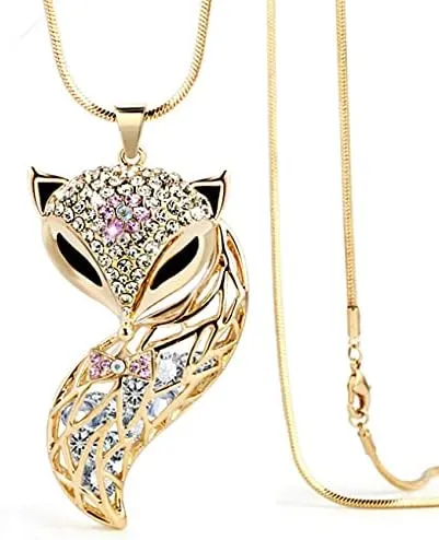 Long Style Sex Fox Crystal Sweater Chain Necklace for Women Girls Animal Rhinestone Gemtone Pendants Jewelry for Clothing Accessories