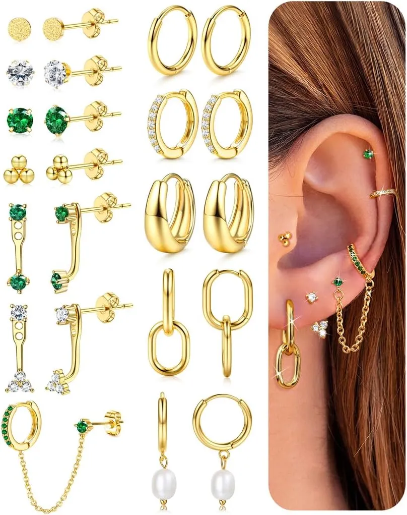 LOYALLOOK Trendy Small Gold Huggie Hoop Earrings for Women Dainty 14K Gold Plated Stud Huggie Earings Stacks Set for Multiple Piercing Hypoallergenic Surgical Steel Pearl Stud Hoop Earrings Lightweight