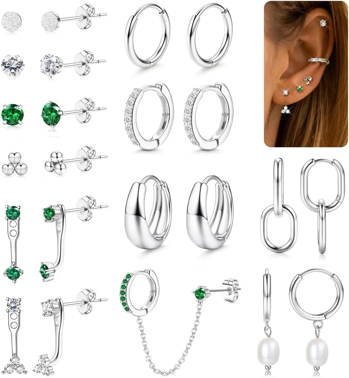 LOYALLOOK Trendy Small Gold Huggie Hoop Earrings for Women Dainty 14K Gold Plated Stud Huggie Earings Stacks Set for Multiple Piercing Hypoallergenic Surgical Steel Pearl Stud Hoop Earrings Lightweight