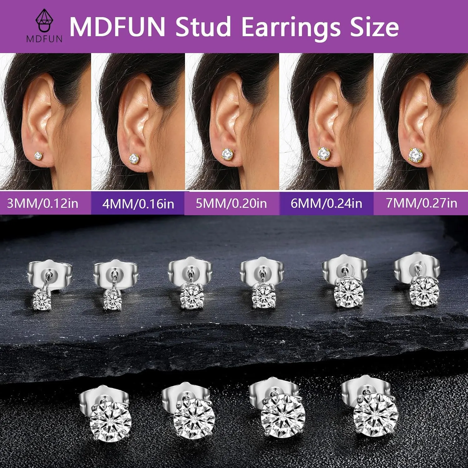 MDFUN 5 Pairs Stud Earrings Sets 3-7MM 18K Gold Plated Round/Cushion/Asscher/Emerald Cut Cubic Zirconia Earring Hypoallergenic Stud Earrings for Women Men