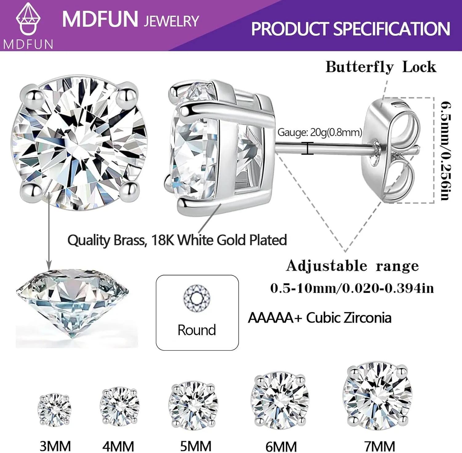 MDFUN 5 Pairs Stud Earrings Sets 3-7MM 18K Gold Plated Round/Cushion/Asscher/Emerald Cut Cubic Zirconia Earring Hypoallergenic Stud Earrings for Women Men
