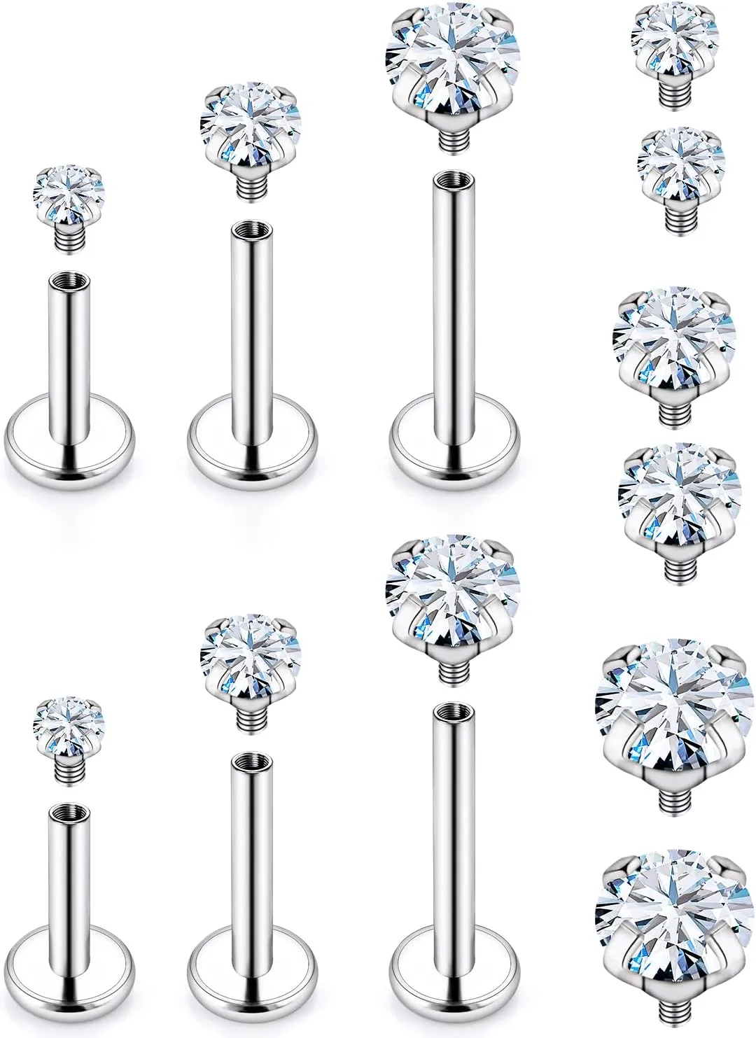 Medusa Piercing Jewelry 16G Internally Threaded Surgical Steel Flat Back Labret Jewelry Snake Bite Piercing Mixed Cubic zircon 2mm 2.5mm 3mm 3.5mm 4mm 4.5mm Bar Length 6mm 8mm 10mm
