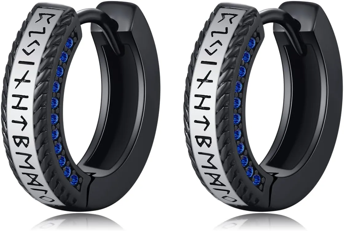 MEDWISE Unisex Viking Runes Hoop Earrings 925 Sterling Silver Hypoallergenic Punk Huggie Hoop Earring Jewelry Gifts with Delicate Packaging