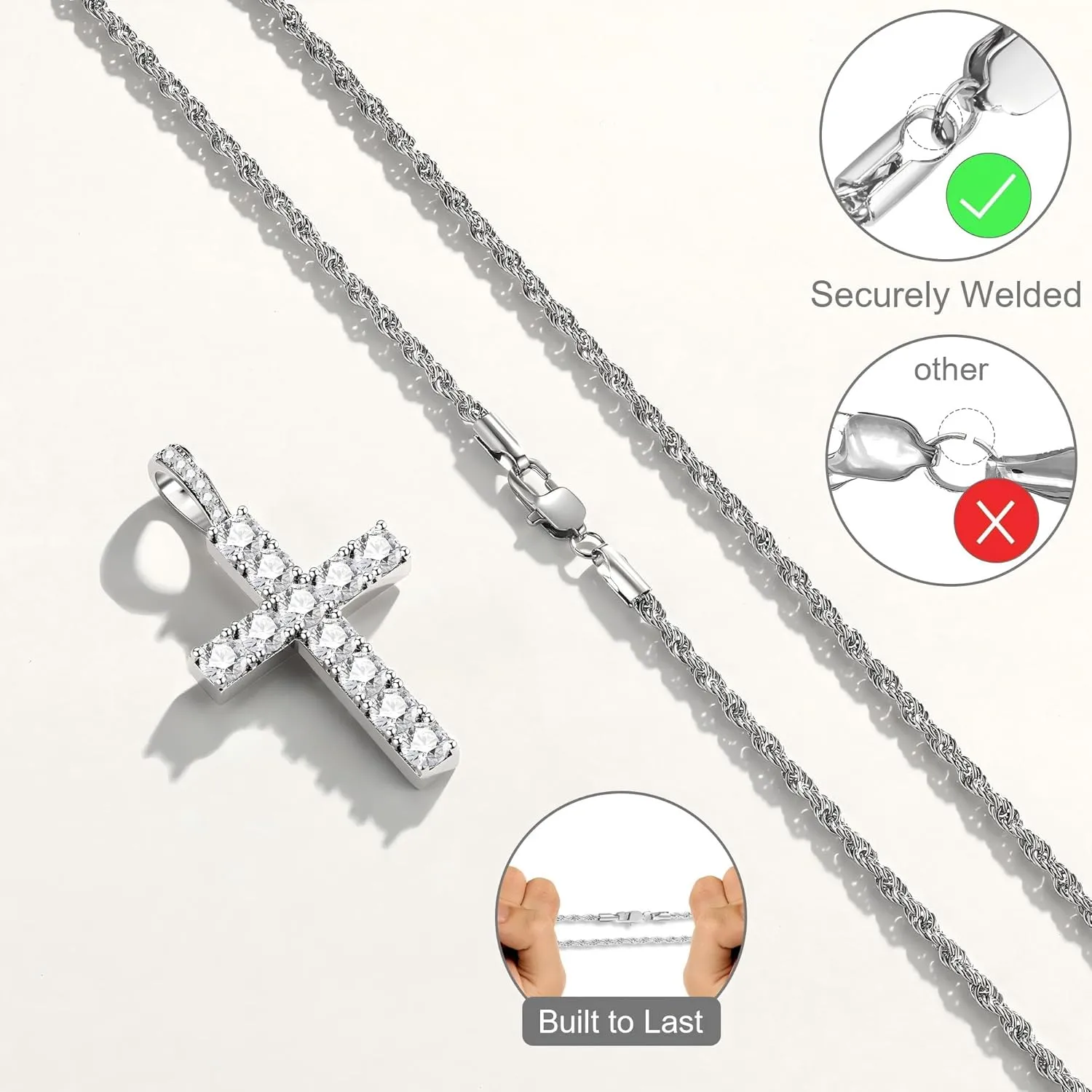 Mens Cross Necklace, Silver Gold Stainless Steel Cross Chain for Men, Cubic Zirconia Cross Pendant Necklaces Rope Chain Christain Jewelry Gift