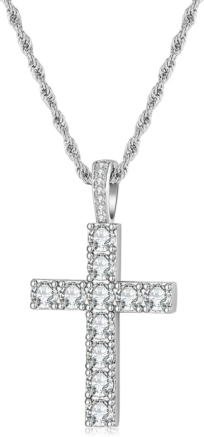 Mens Cross Necklace, Silver Gold Stainless Steel Cross Chain for Men, Cubic Zirconia Cross Pendant Necklaces Rope Chain Christain Jewelry Gift