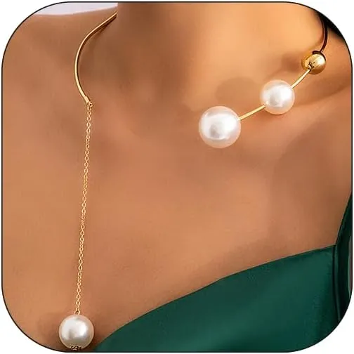 Metal Pearl Open Choker Necklace for Women Adjustable Gold Pearl Necklaces Round Open Cuff Necklace Chunky Pearl Necklace for Women