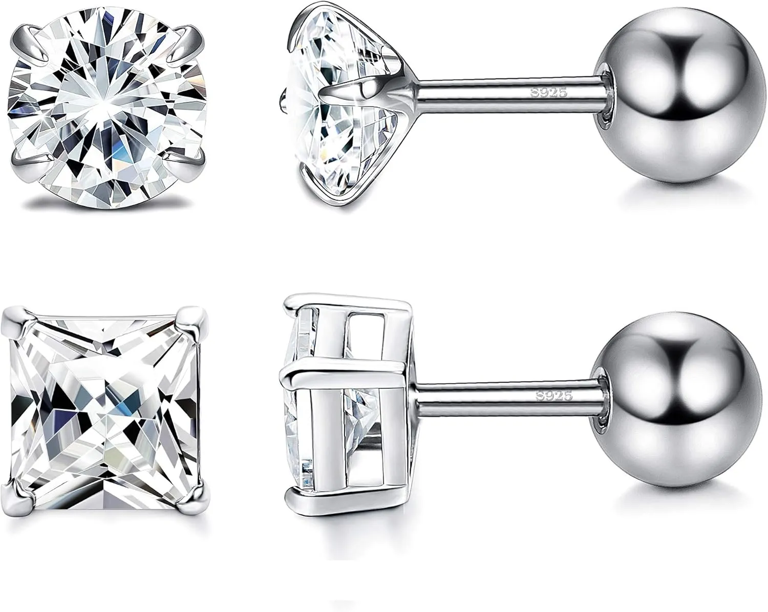 Milacolato Unisex Cubic Zirconia Stud Earrings 925 Sterling Silver Round/Square Princess Cut Cubic Zirconia Screw Back Stud Earrings for Women/Men Cartilage Tragus Helix CZ Studs 3-6MM
