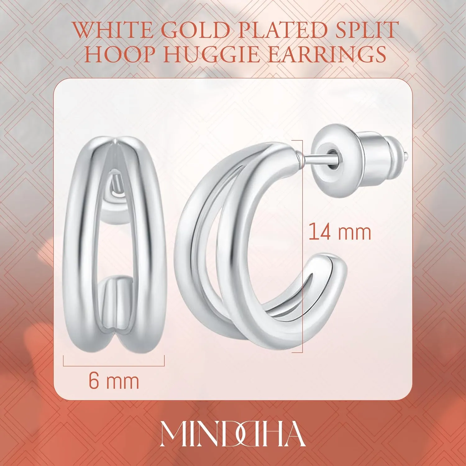 MINDDHA 14K White/Yellow Gold Plated 925 Sterling Silver Post| Double Hoop Earrings for Women| Dainty Huggie Hoops| Split Hoop Earrings| Double Huggie| 15mm Diameter