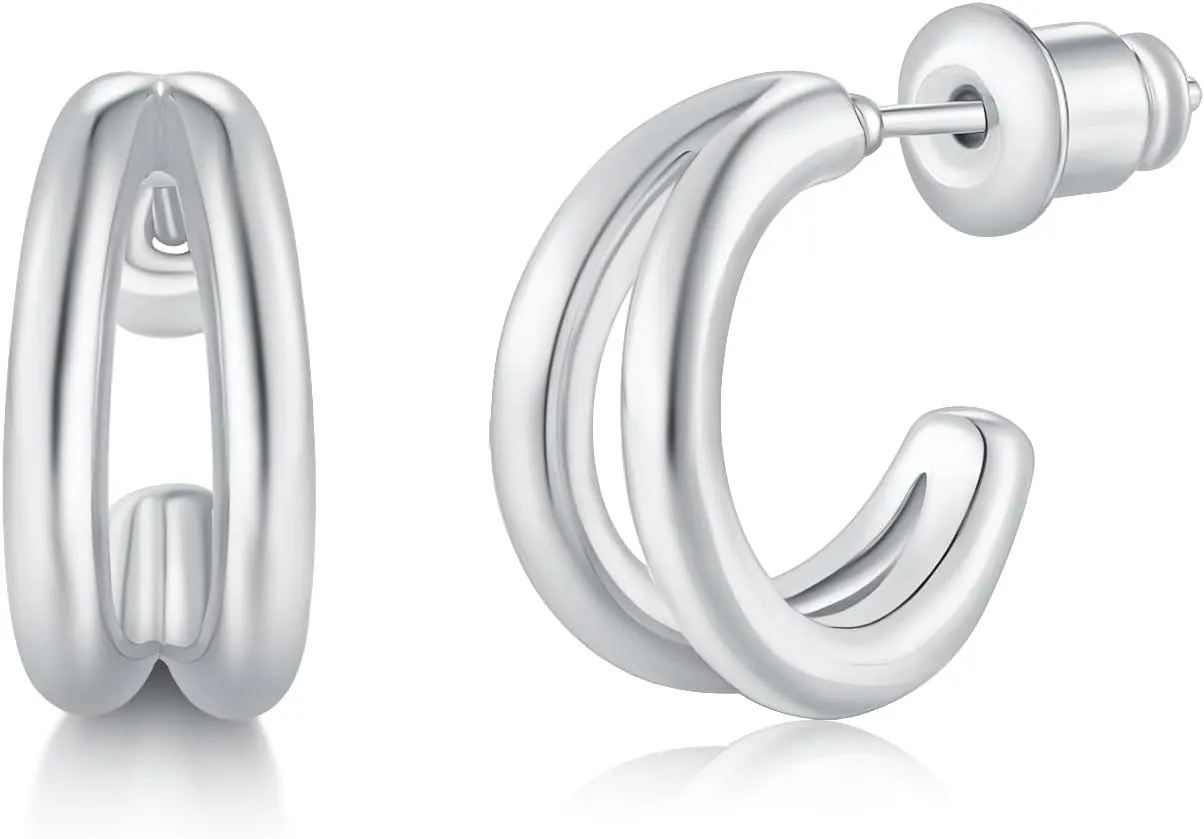 MINDDHA 14K White/Yellow Gold Plated 925 Sterling Silver Post| Double Hoop Earrings for Women| Dainty Huggie Hoops| Split Hoop Earrings| Double Huggie| 15mm Diameter