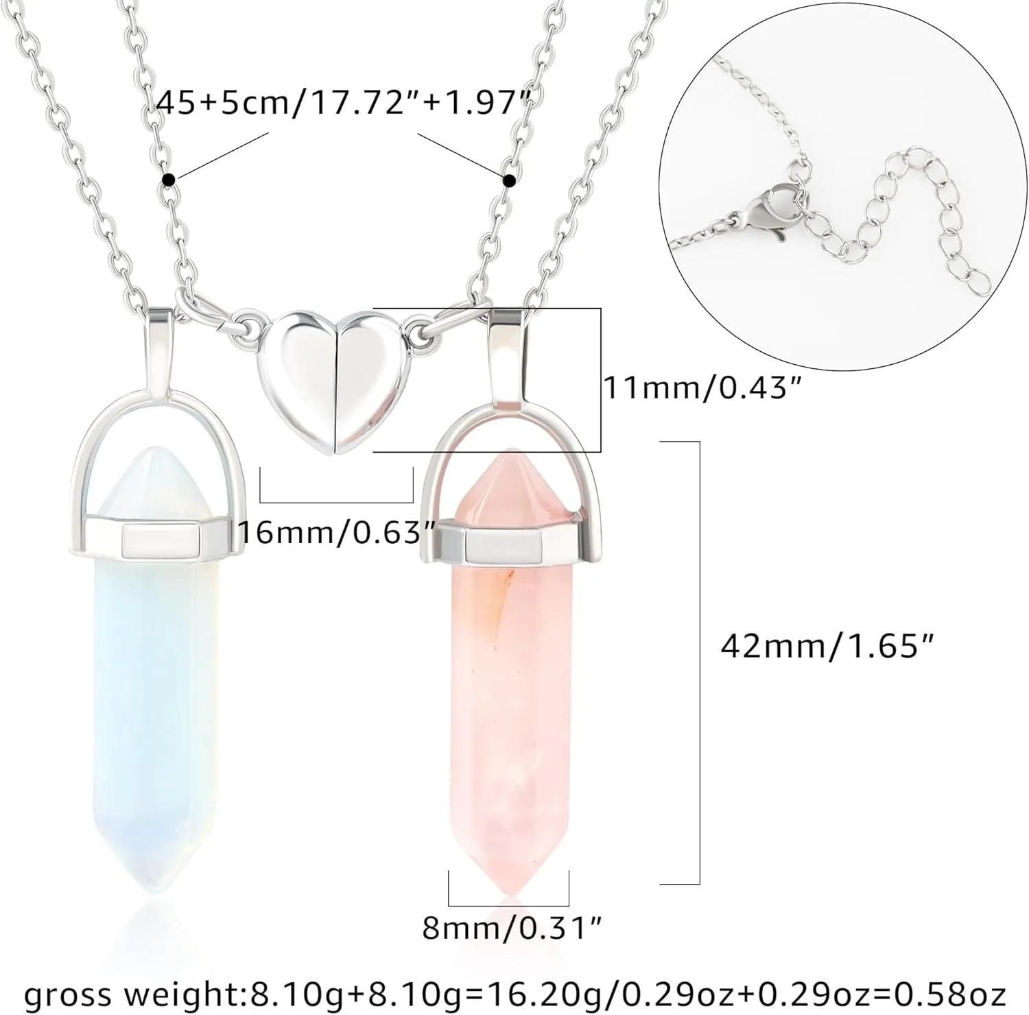 MISS RIGHT Crystal Friendship Matching Couples Necklaces for Women Men with Heart Charm, Dainty Rose Quartz Best Friends BFF Necklace for 2