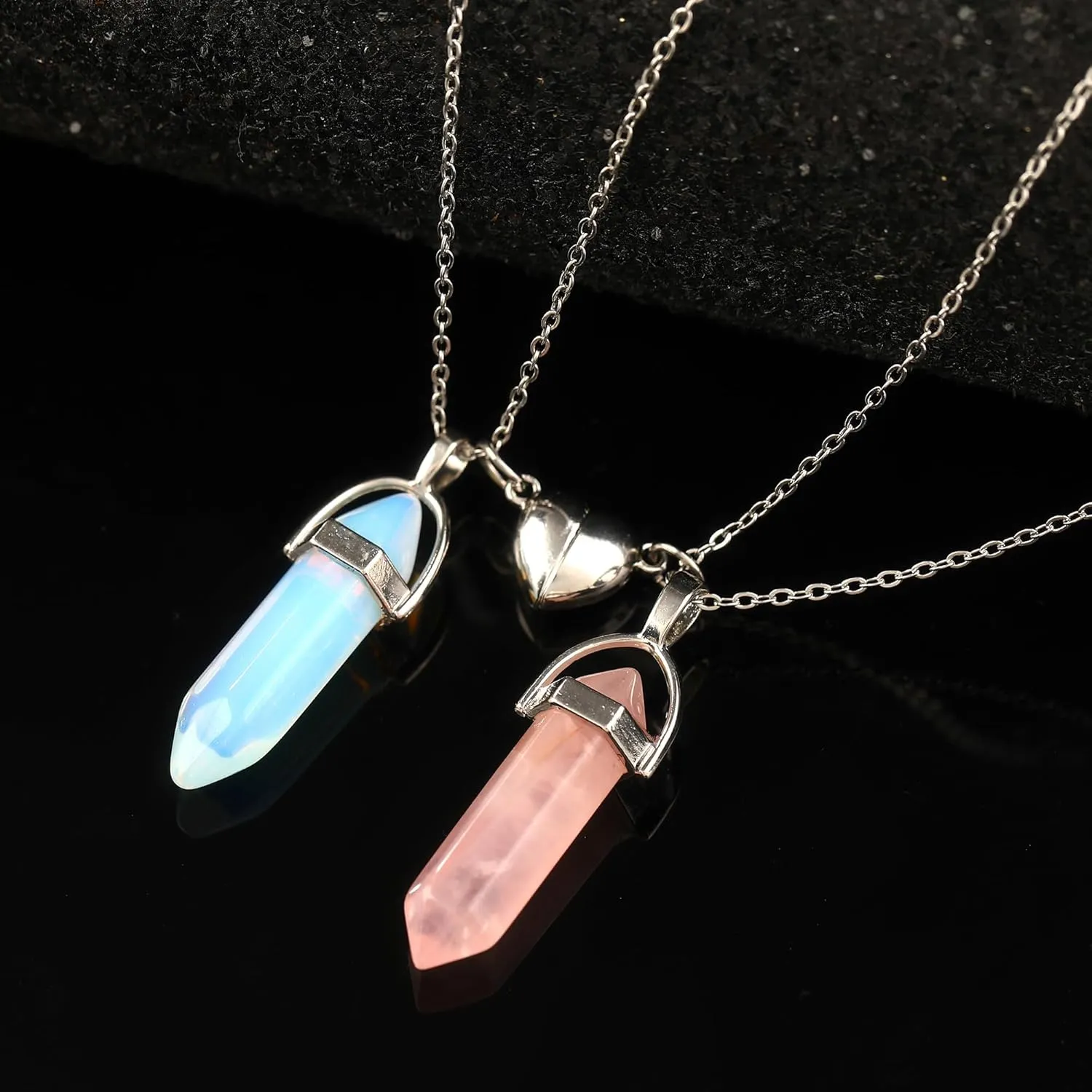 MISS RIGHT Crystal Friendship Matching Couples Necklaces for Women Men with Heart Charm, Dainty Rose Quartz Best Friends BFF Necklace for 2