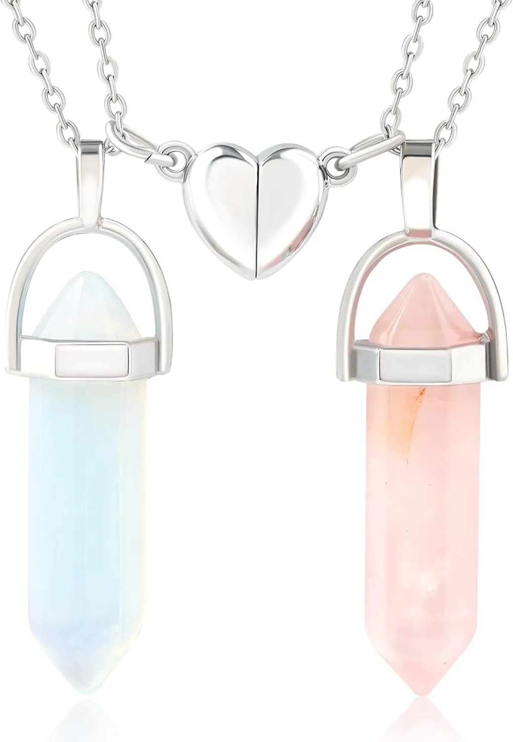MISS RIGHT Crystal Friendship Matching Couples Necklaces for Women Men with Heart Charm, Dainty Rose Quartz Best Friends BFF Necklace for 2