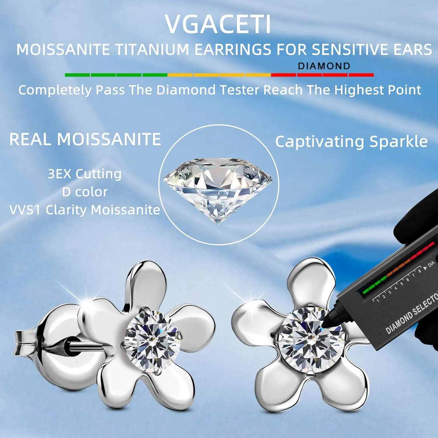 Moissanite Stud Earrings in Pure Titanium Heart/Daisy/Flower, G23 Titanium Earrings for Sensitive Ears Hypoallergenic with 0.6ct D Color VVS1 Round Cut Lab Created Diamond Earrings
