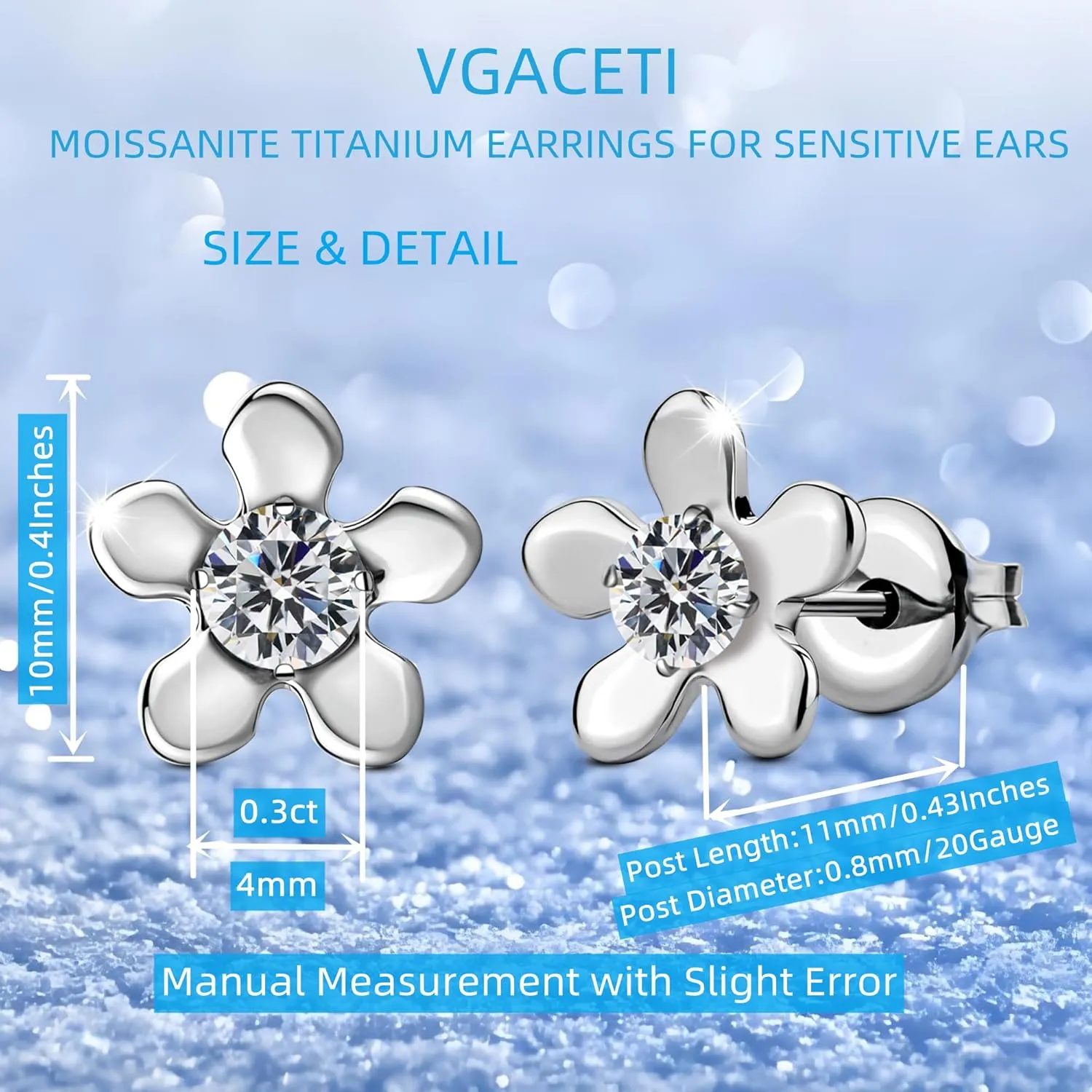 Moissanite Stud Earrings in Pure Titanium Heart/Daisy/Flower, G23 Titanium Earrings for Sensitive Ears Hypoallergenic with 0.6ct D Color VVS1 Round Cut Lab Created Diamond Earrings