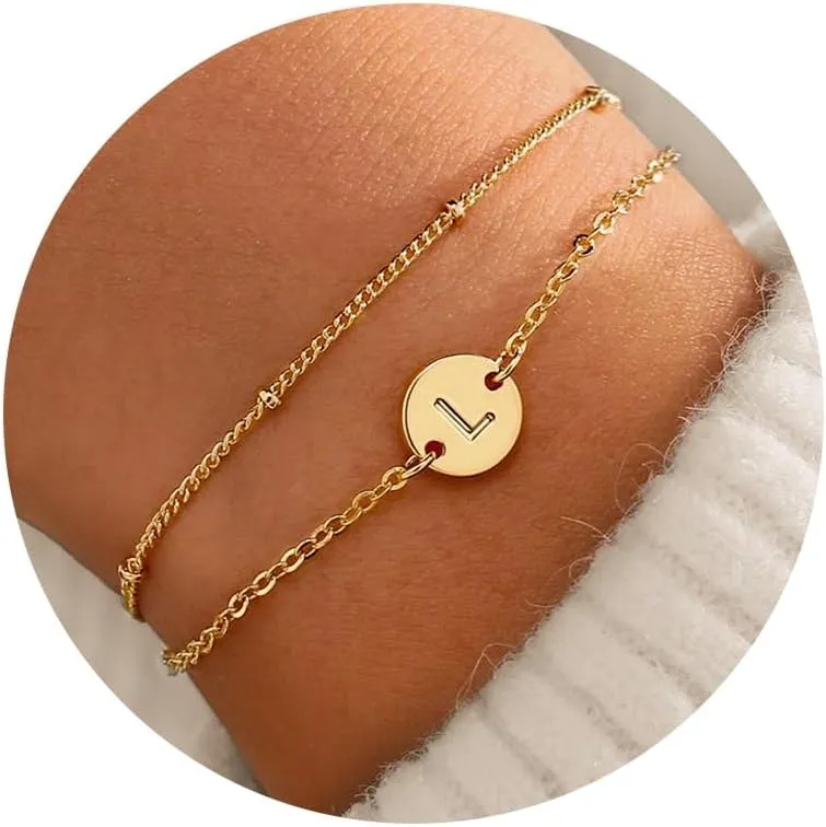 MONOZO Gold Initial Bracelets for Women Jewelry Gifts - 18K Gold Plated Letter Initial Bracelet Dainty Disc Letter L Initial Bracelets for Women Gold Initial Bracelets for Women Jeweley