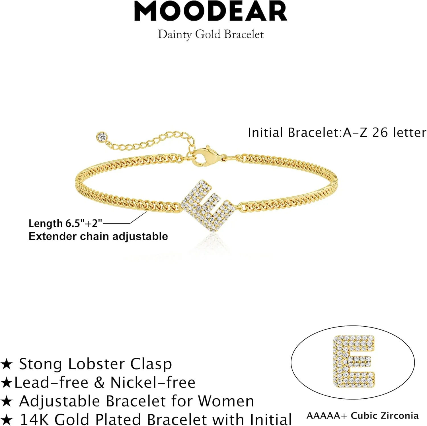 Moodear Gold Bracelets for Women - Dainty Gold Bracelet Adjustable 14K Gold Plated Waterproof A-Z CZ Bubbles Initial Letter Cuban Link Chain Bracelets for Women Gold Jewelry Gifts
