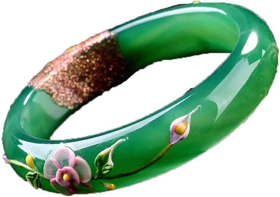 Natural Green Bracelets Colored Drawing Peacock and Flower Bracelets Bangles Gift for Women Jades Jewelry