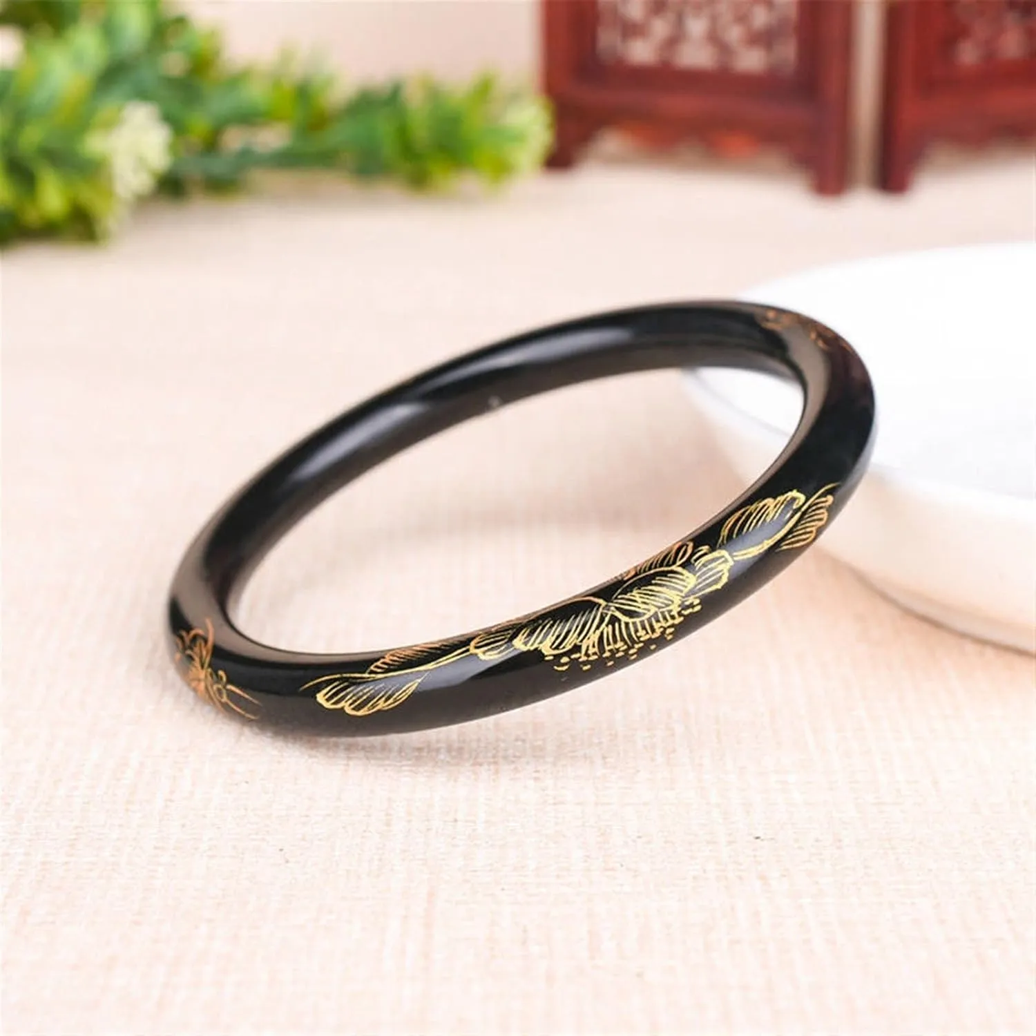 Natural Green Jade Bangle Women Hand-Carved Round Bar Carving Gold Gilt Hetian Jades Stone Bracelet for Girlfriend Mom Gifts (Gem Color : Pink)