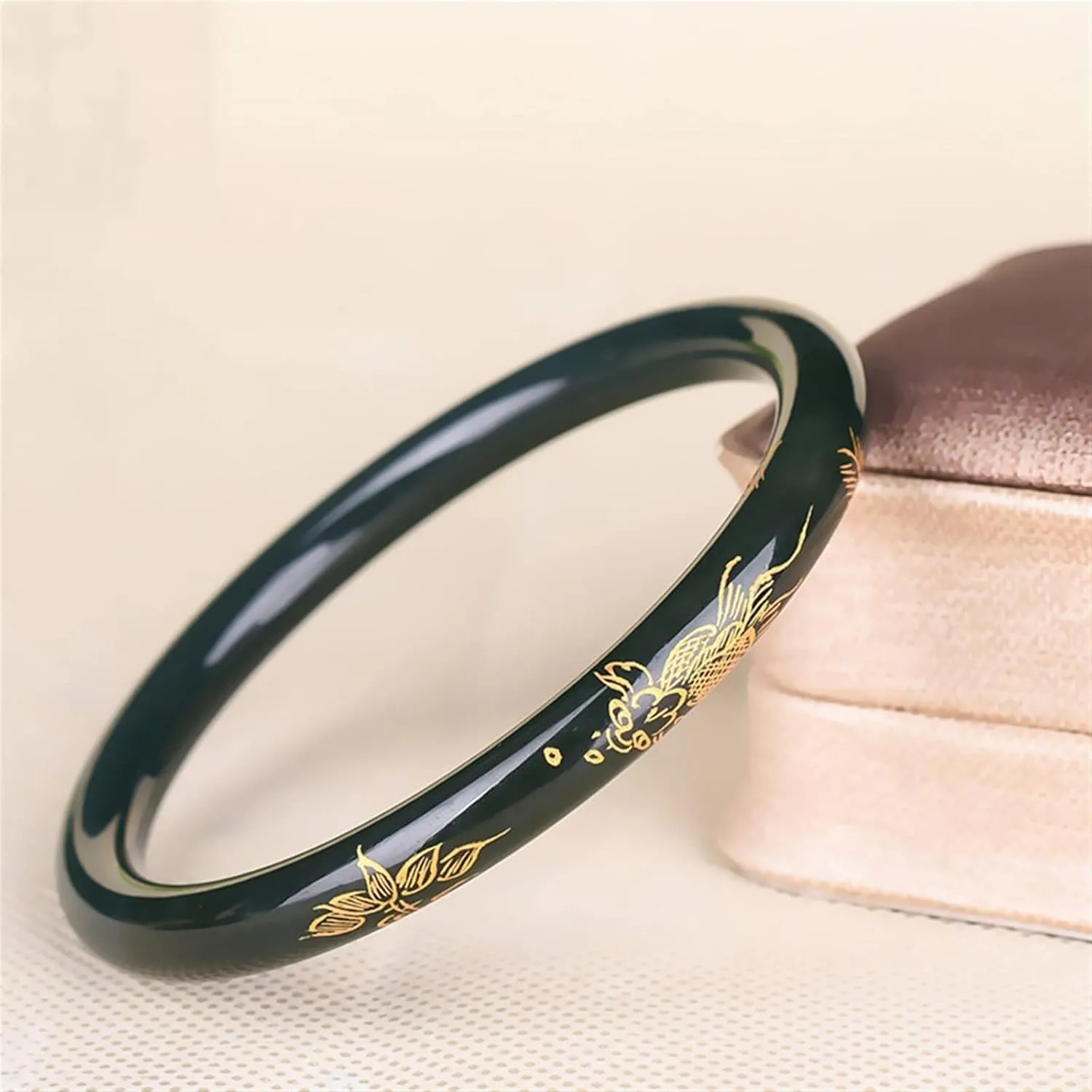 Natural Green Jade Bangle Women Hand-Carved Round Bar Carving Gold Gilt Hetian Jades Stone Bracelet for Girlfriend Mom Gifts (Gem Color : Pink)