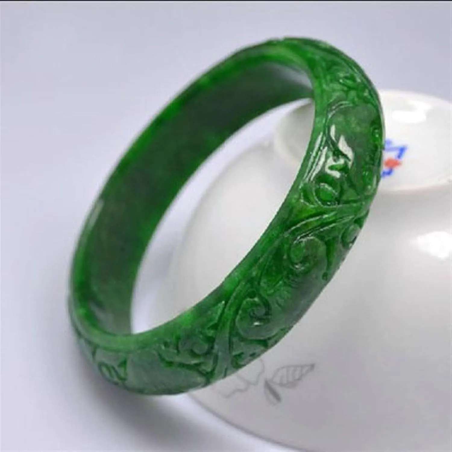 Natural Green Jade Bangles Hand Carved Pattern Flower Bangle Jade Bracelet Bangles for Women Bracelet Jade Jewelry (Gem Color : 62-63mm)