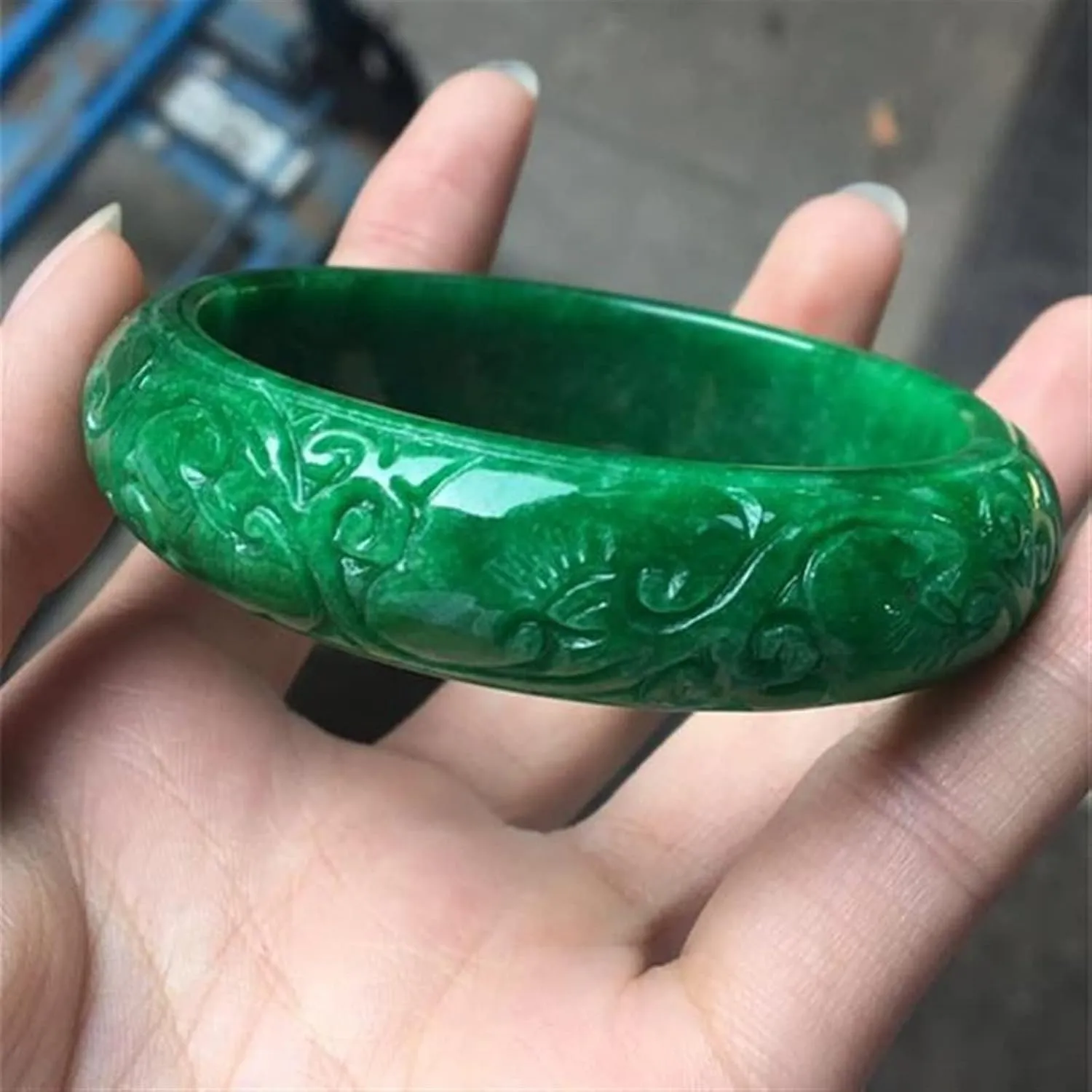 Natural Green Jade Bangles Hand Carved Pattern Flower Bangle Jade Bracelet Bangles for Women Bracelet Jade Jewelry (Gem Color : 62-63mm)