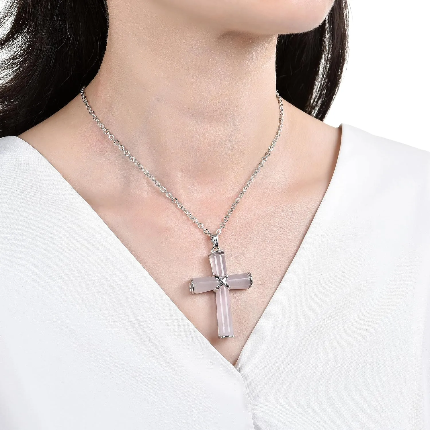Natural Stone Cross Gemstone Pendants Charms Cross Quartz Healing Charms With 18 inch Chain Jewelry Necklace