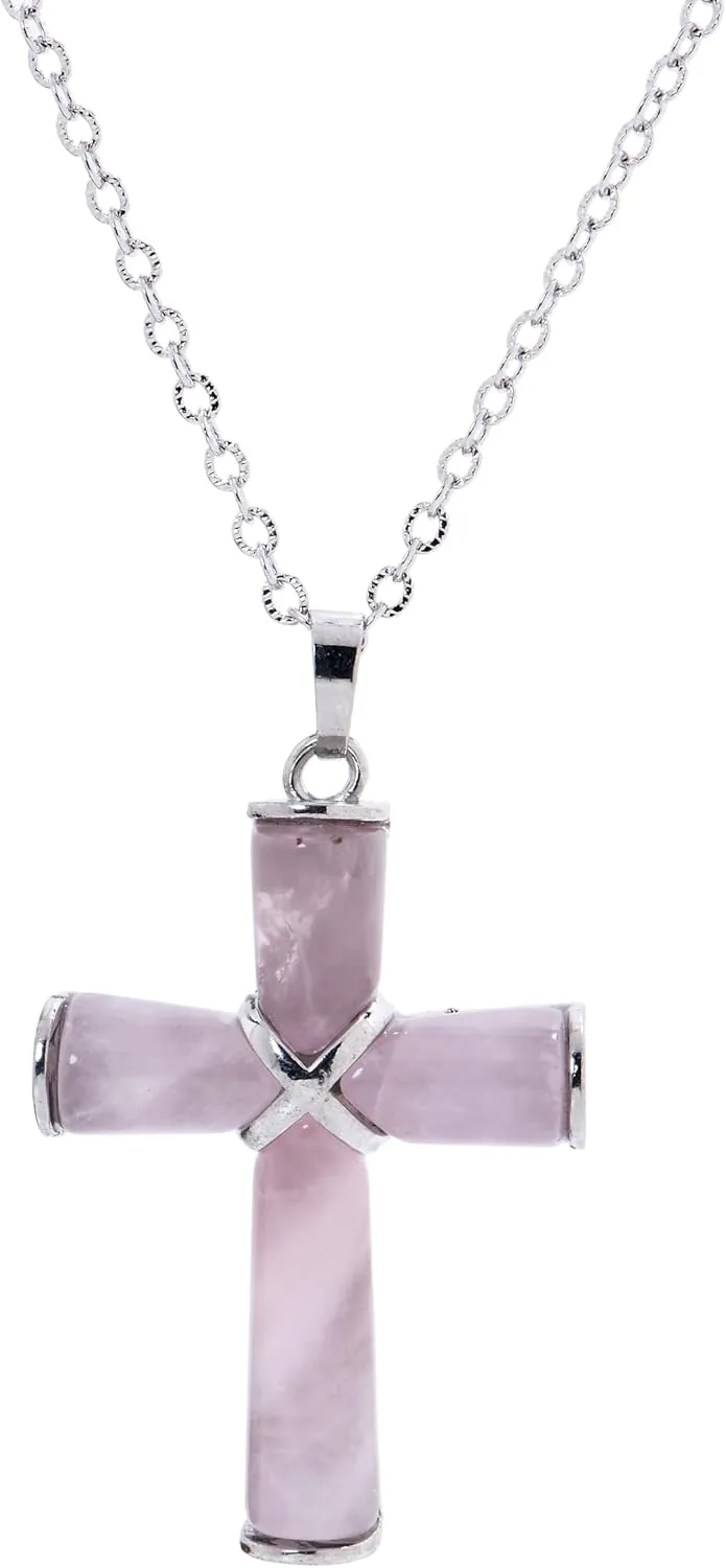 Natural Stone Cross Gemstone Pendants Charms Cross Quartz Healing Charms With 18 inch Chain Jewelry Necklace