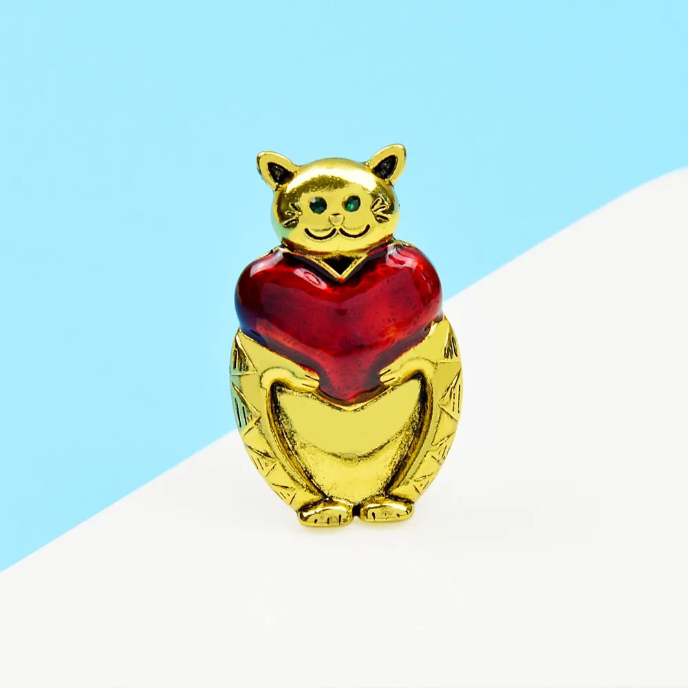 New Arrival Hold Red Heart Cat Brooch Fashion Animal Pin Men And Women