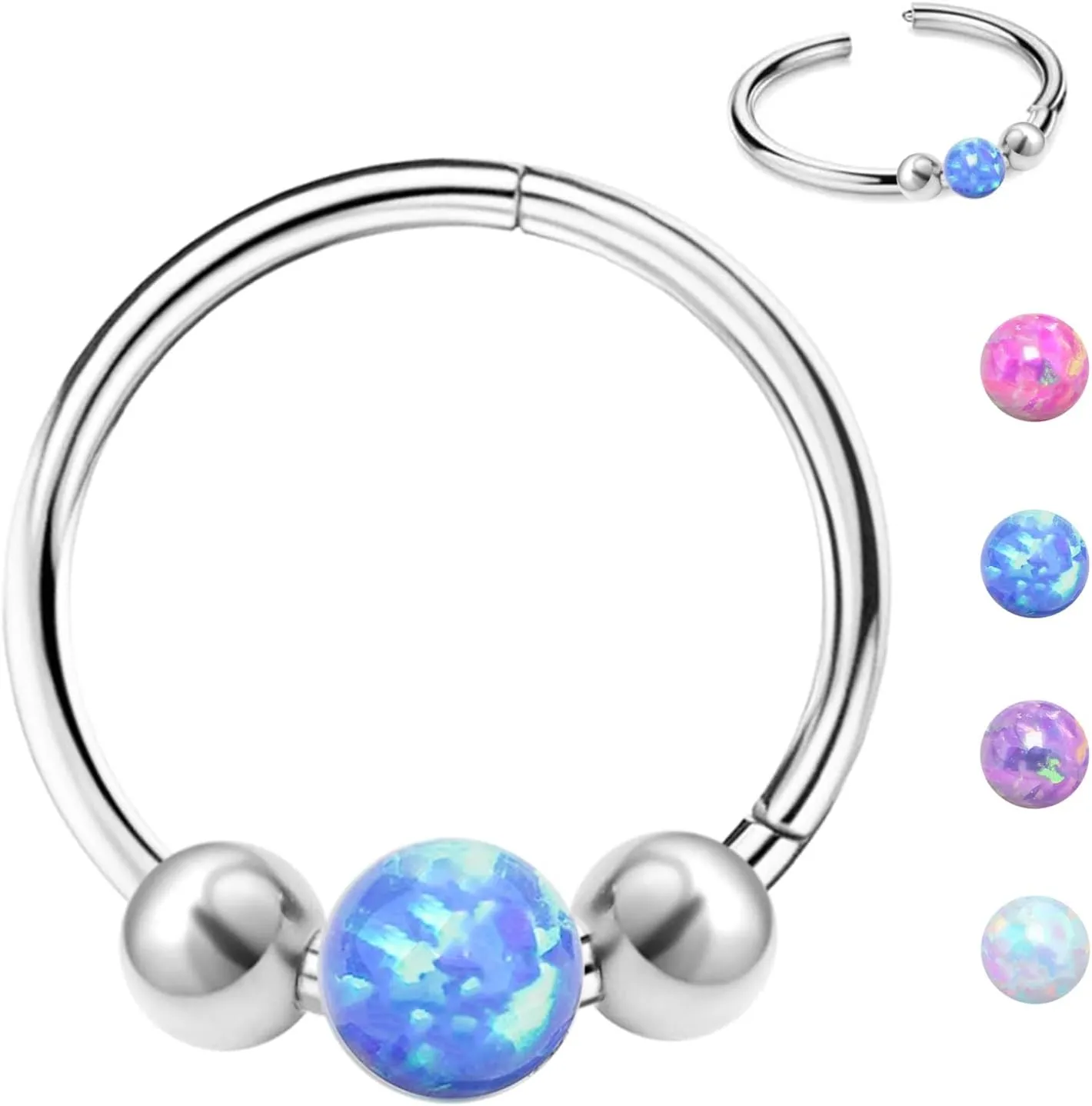 Nose Rings Hoops 316L Surgical Steel Septum Hoop Nose Ring Opal Nose Piercings Jewelry 18G Hinged Helix Rook Conch Cartilage Daith Tragus Earring for Women Men