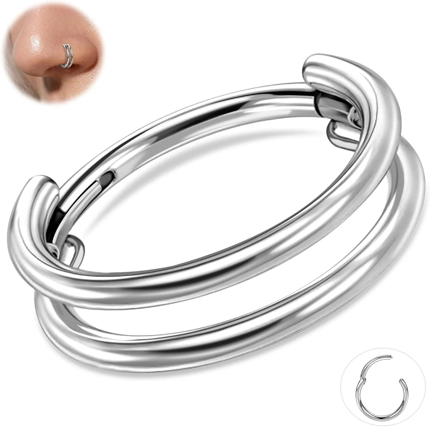 ONESING 16G/18G Double Septum Rings G23 Titanium Cartilage Hoop Earrings Helix Hoop Earring Stacked Conch Hoop Surgical Steel Piercing Jewelry Nose Rings Hoops for Women Men