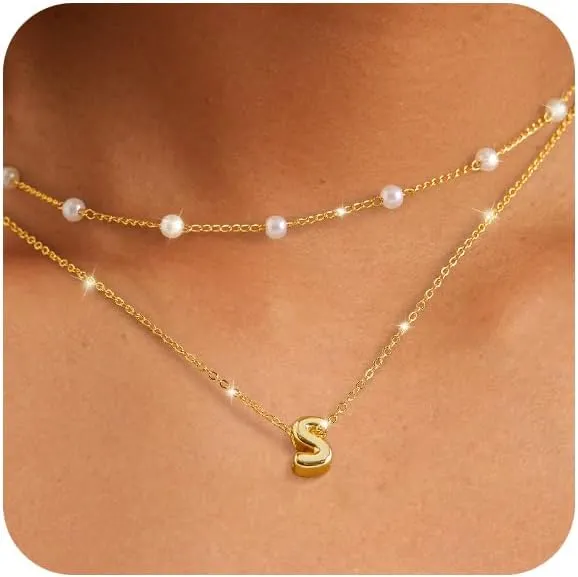 OOOPEL Gold Layered Pearl Initial Necklaces for Women Non Tarnish 14K Gold Plated Necklaces Durable Waterproof Dainty A-Z Pendant Choker Small Pearl Letter Necklace Personalized Jewelry Gifts