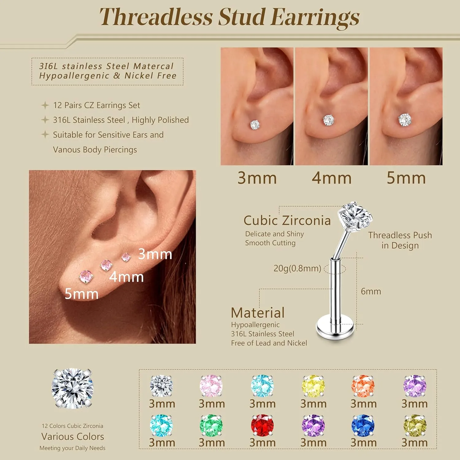 ORAZIO Push In Stud Earring,Surgical Steel Flat Back Earrings for Women 20G Threadless Earring Gold Silver Flat Back Earrings Push In,Hypoallergenic CZ Cartilage Helix Tragus Conch Labret Earrings Set