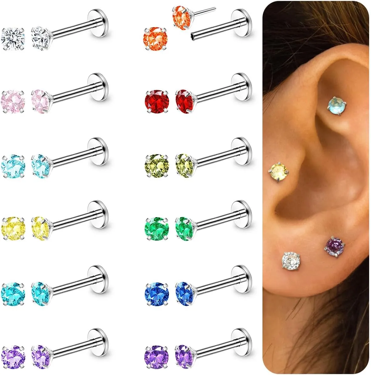 ORAZIO Push In Stud Earring,Surgical Steel Flat Back Earrings for Women 20G Threadless Earring Gold Silver Flat Back Earrings Push In,Hypoallergenic CZ Cartilage Helix Tragus Conch Labret Earrings Set