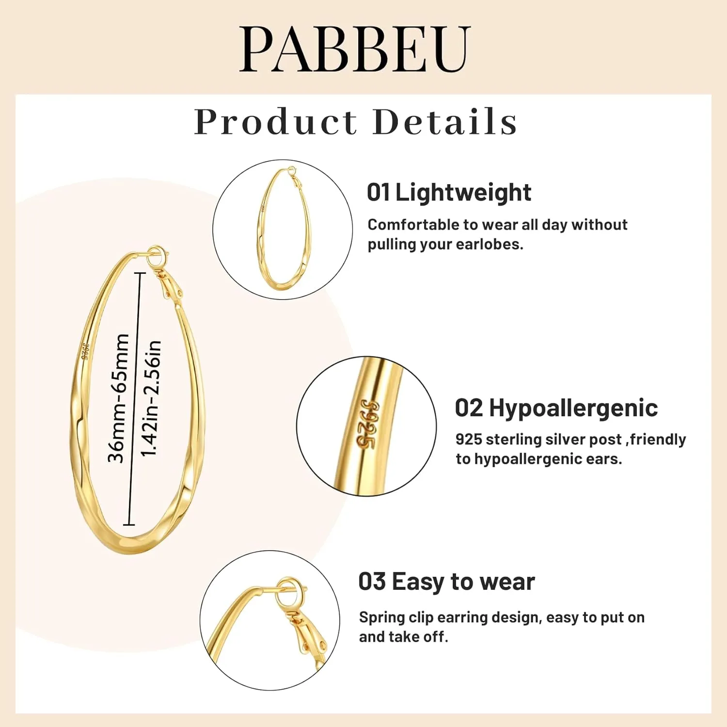 PABBEU Silver Hoop Earrings for Women Oval Hypoallergenic 925 Sterling Silver Hoop Earrings Lightwieght Large Hoops Earring for Women Trendy