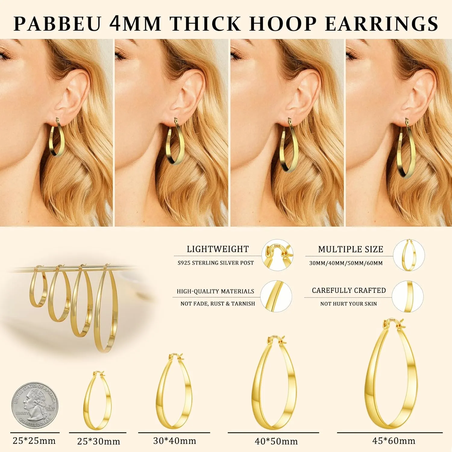 PABBEU Sterling Silver Hoop Earrings for Women, Lightweight Large Oval Hoops Earrings, Hypoallergenic Silver Hoop Earring for Women Gifts 30/40/50/60MM