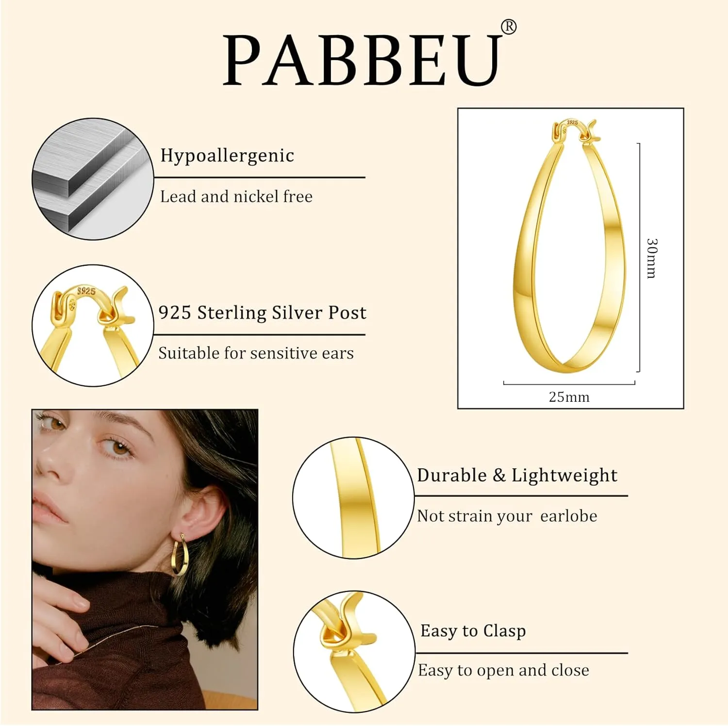 PABBEU Sterling Silver Hoop Earrings for Women, Lightweight Large Oval Hoops Earrings, Hypoallergenic Silver Hoop Earring for Women Gifts 30/40/50/60MM