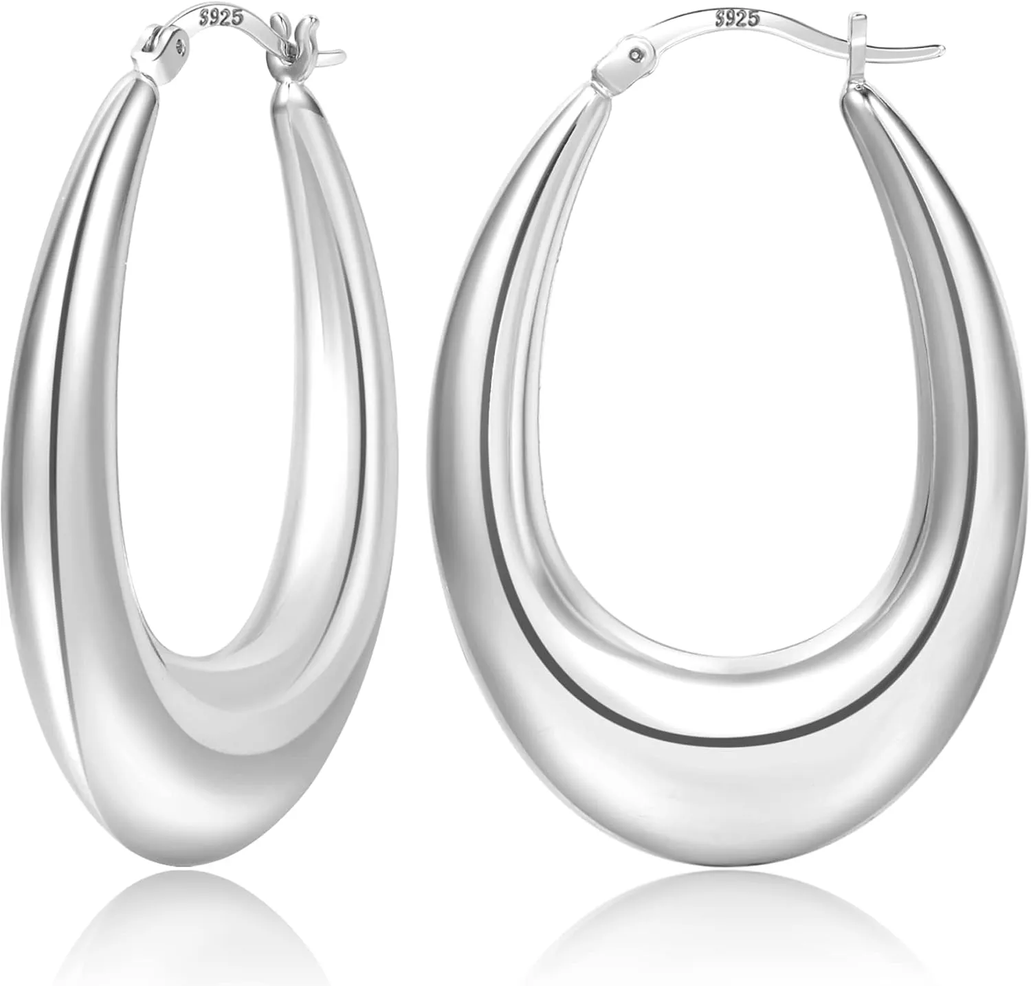 PABBEU Sterling Silver Hoop Earrings for Women Thick Large Hoops Earrings Lightweight Hypoallergenic Oval Silver Hoop Earring for Women Gifts