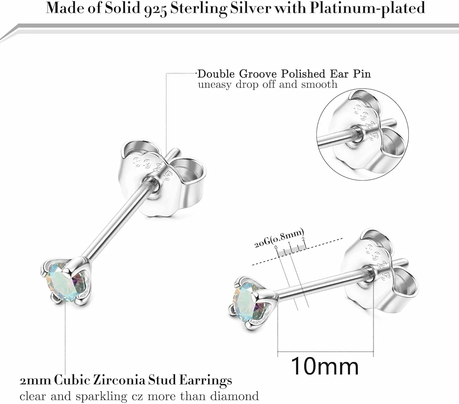 PATISORNA 925 Sterling Silver Long Post Earrings for Thick Earlobes | 2mm Tiny Cubic Zirconia Small Stud Earrings for Women Men Hypoallergenic