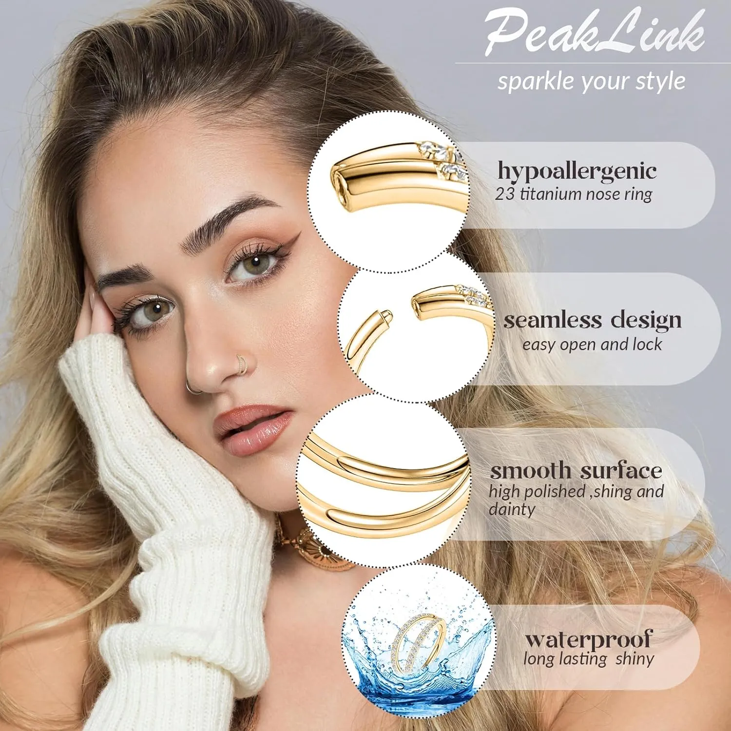 PEAKLINK G23 Titanium Double Nose Hoo Ring Septum Jewelry 20G/18G/16G Helix Daith Rook Tragus Cartilage Conch Hoop Earring Hinged Segment Piercing Jewelry for Women Men 6mm to 12mm