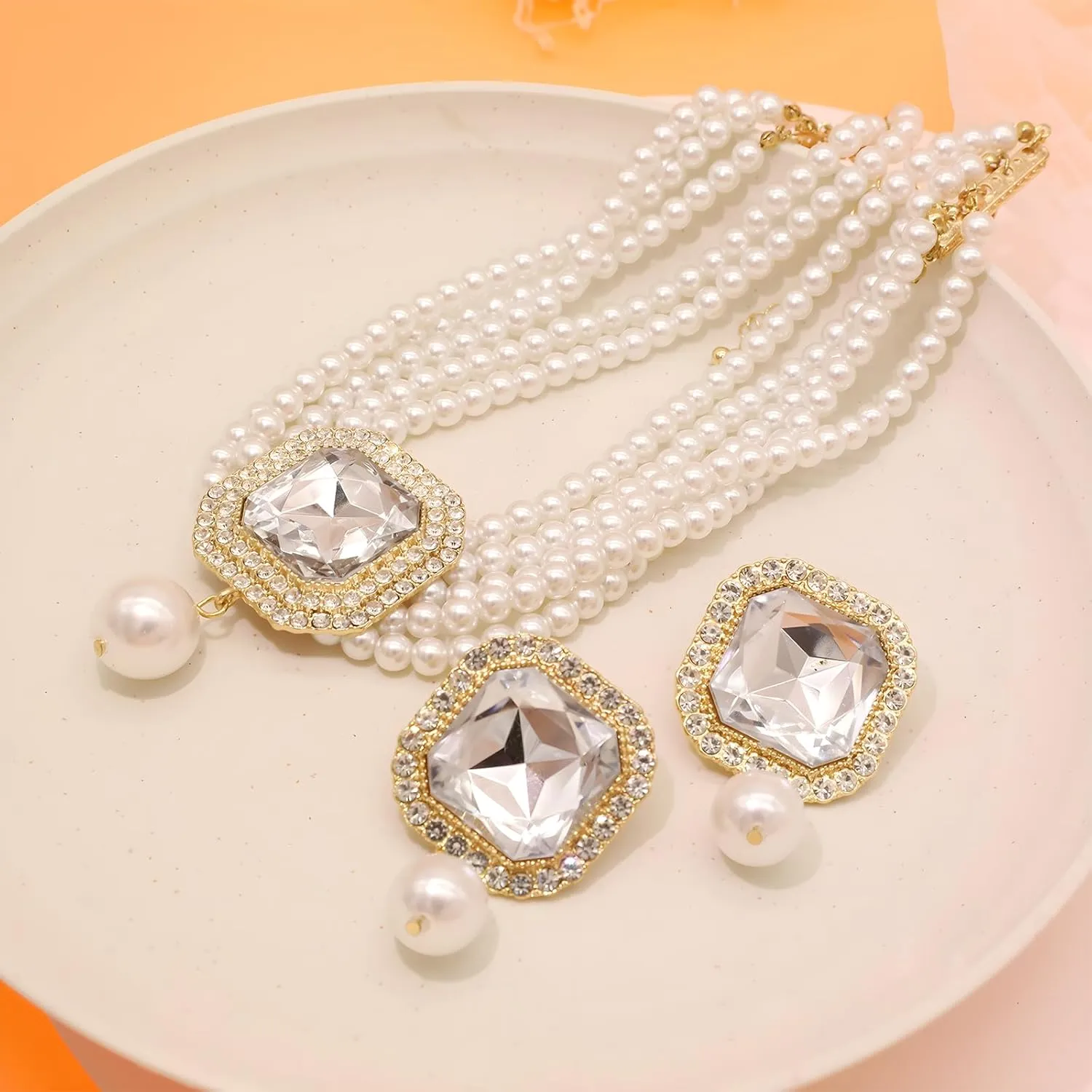 Pearl Choker Necklace for Women Gold Crystal Rhinestone Pearl Collar Statement Necklaces Earrings Bridal Pearls Diamond jewelry Set for Wedding