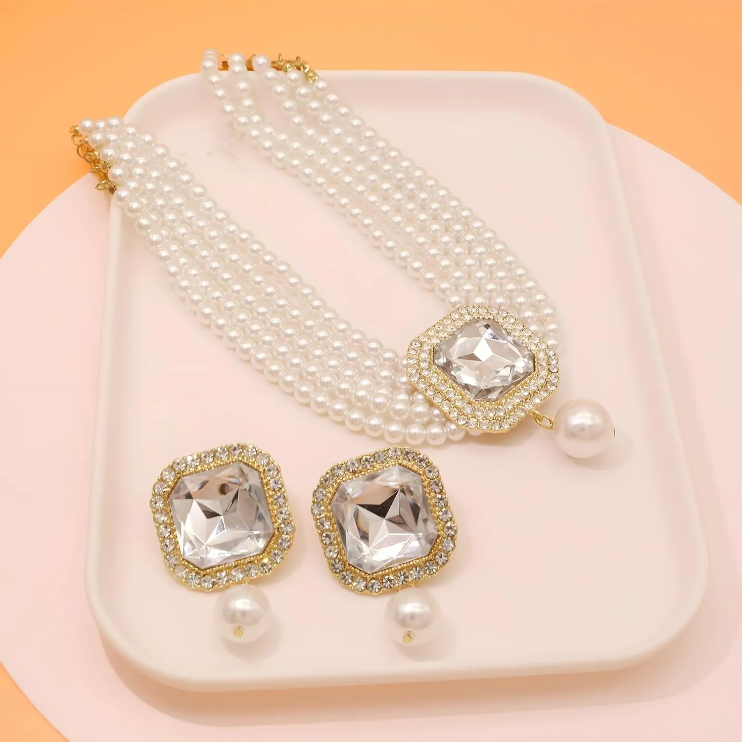 Pearl Choker Necklace for Women Gold Crystal Rhinestone Pearl Collar Statement Necklaces Earrings Bridal Pearls Diamond jewelry Set for Wedding