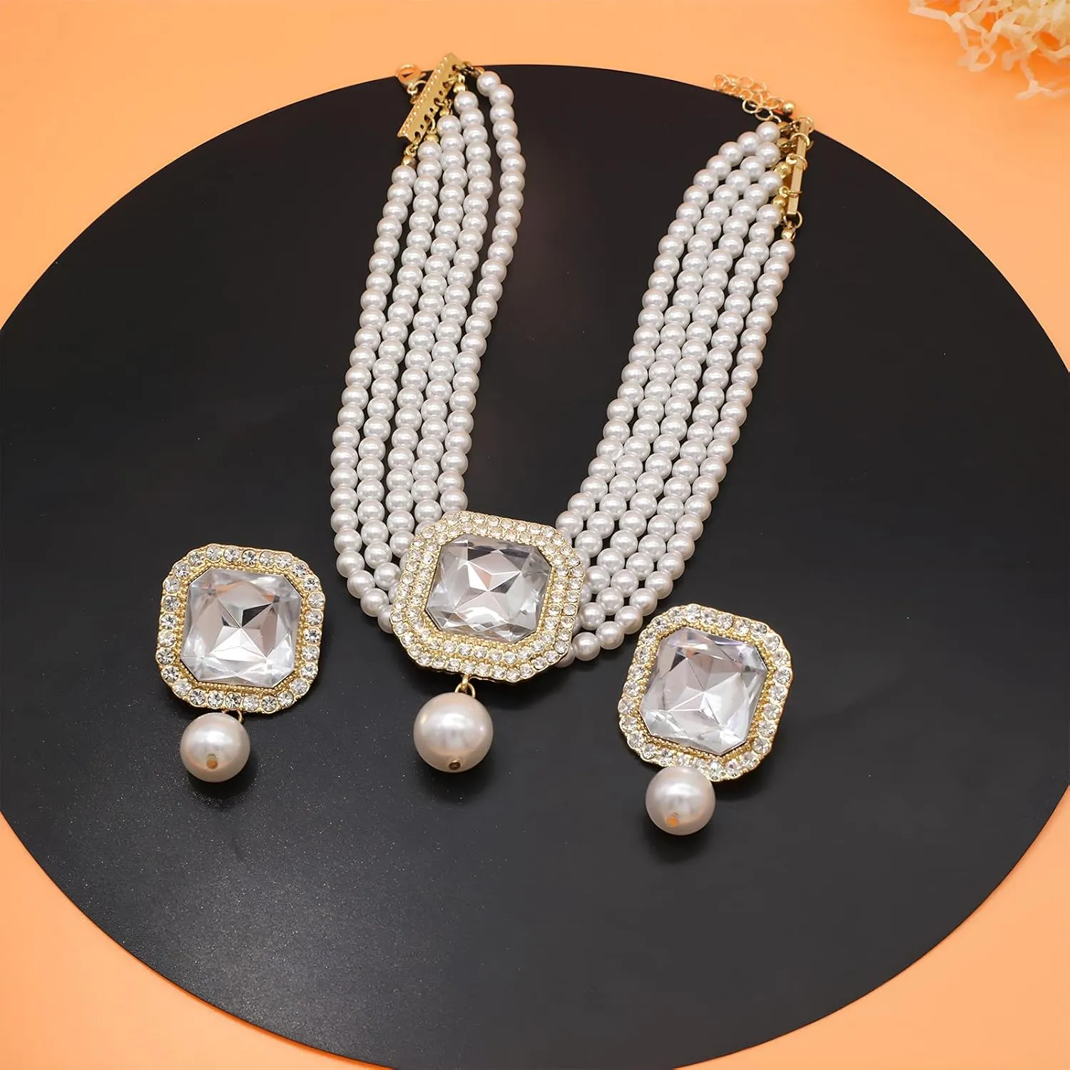 Pearl Choker Necklace for Women Gold Crystal Rhinestone Pearl Collar Statement Necklaces Earrings Bridal Pearls Diamond jewelry Set for Wedding