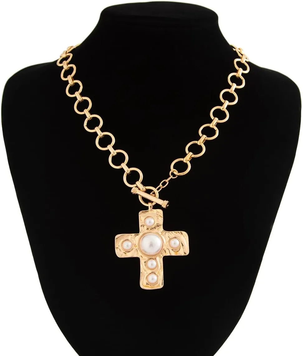 Pearl Cross Necklace for Women Chunky Gold Cross Necklace Layered Cross Pearl Stacked Choker Necklace OT Buckle Chain Chunky Gold Statement Cross Pendant Necklace