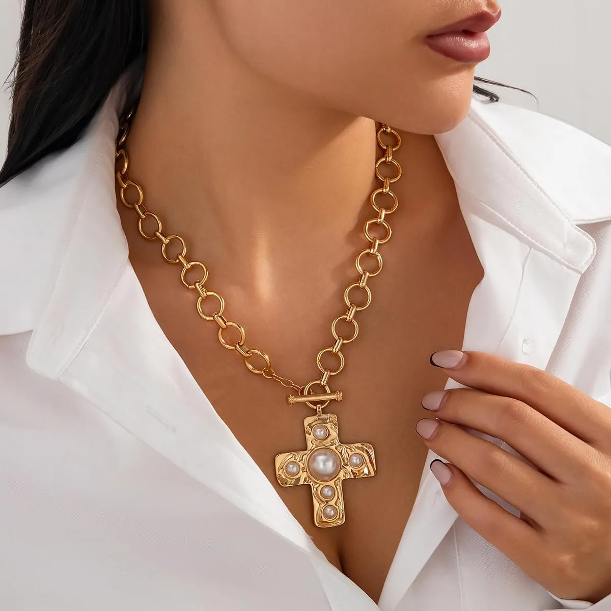 Pearl Cross Necklace for Women Chunky Gold Cross Necklace Layered Cross Pearl Stacked Choker Necklace OT Buckle Chain Chunky Gold Statement Cross Pendant Necklace