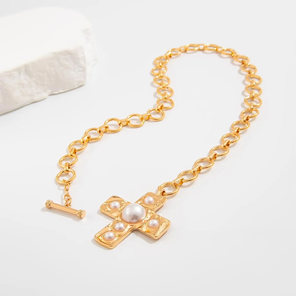 Pearl Cross Necklace for Women Chunky Gold Cross Necklace Layered Cross Pearl Stacked Choker Necklace OT Buckle Chain Chunky Gold Statement Cross Pendant Necklace