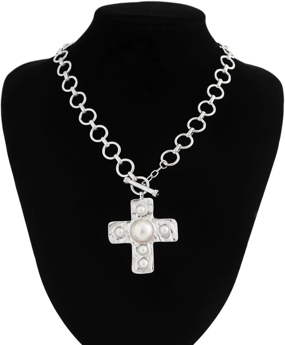 Pearl Cross Necklace for Women Chunky Gold Cross Necklace Layered Cross Pearl Stacked Choker Necklace OT Buckle Chain Chunky Gold Statement Cross Pendant Necklace